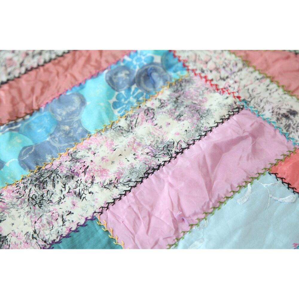 Vintage Crazy Quilt 86" x 69 Heavily Embroidered Pastel Colors Old Hand Tied - Picture 4 of 16
